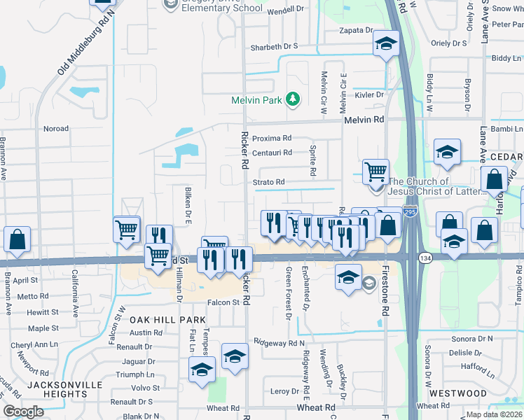 map of restaurants, bars, coffee shops, grocery stores, and more near 5135 Somerton Court in Jacksonville