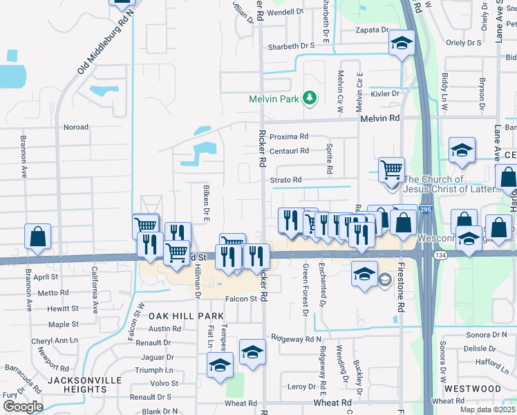map of restaurants, bars, coffee shops, grocery stores, and more near 5135 Indian Lakes Court in Jacksonville