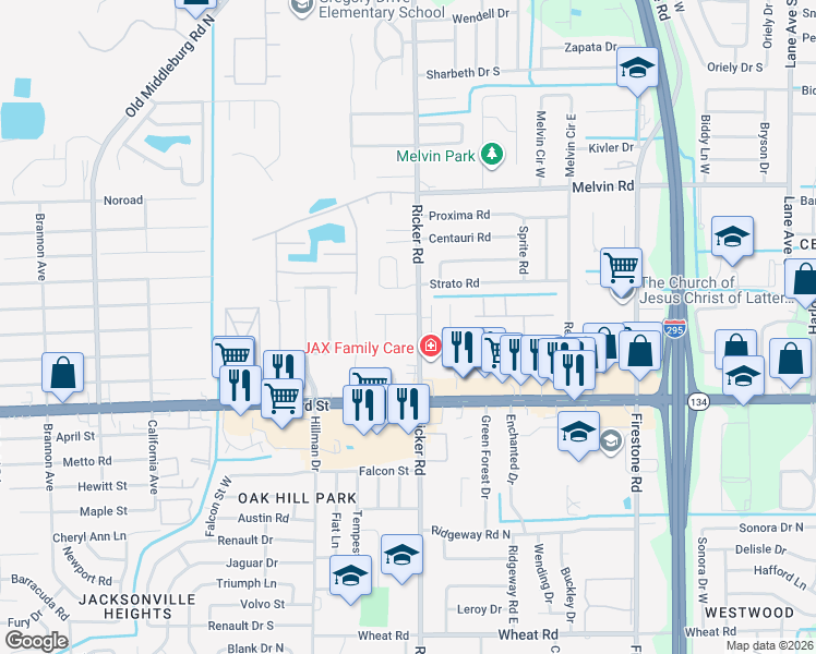 map of restaurants, bars, coffee shops, grocery stores, and more near 5135 Indian Lakes Court in Jacksonville