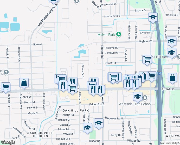 map of restaurants, bars, coffee shops, grocery stores, and more near 5131 Westchase Court in Jacksonville