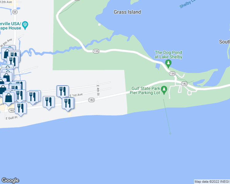map of restaurants, bars, coffee shops, grocery stores, and more near 536 East Beach Boulevard in Gulf Shores
