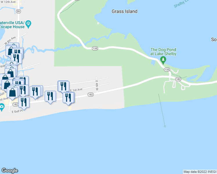 map of restaurants, bars, coffee shops, grocery stores, and more near 536 East Beach Boulevard in Gulf Shores