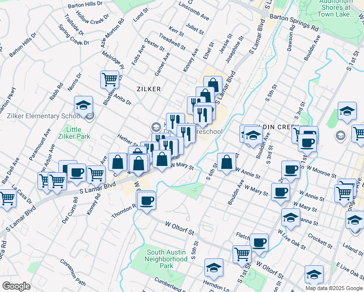 map of restaurants, bars, coffee shops, grocery stores, and more near 1703 South Lamar Boulevard in Austin
