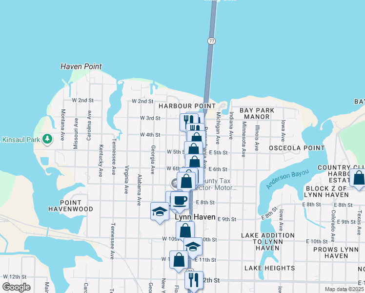 map of restaurants, bars, coffee shops, grocery stores, and more near 421 Florida Avenue in Lynn Haven