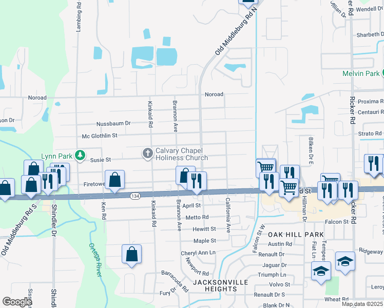 map of restaurants, bars, coffee shops, grocery stores, and more near 8231 Susie Street in Jacksonville