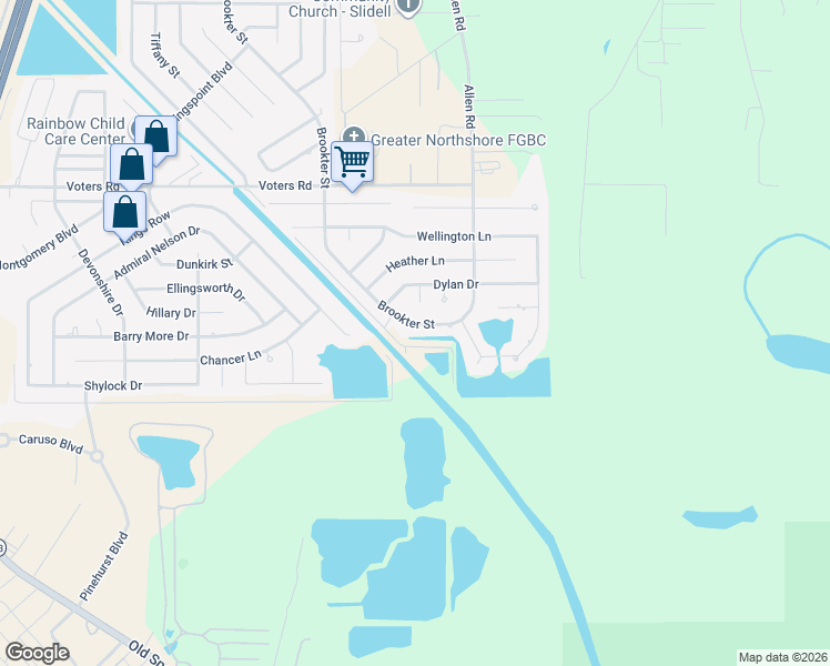 map of restaurants, bars, coffee shops, grocery stores, and more near 1932 Brookter Street in Slidell