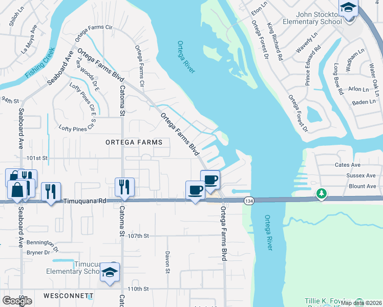 map of restaurants, bars, coffee shops, grocery stores, and more near 5151 101st Street in Jacksonville