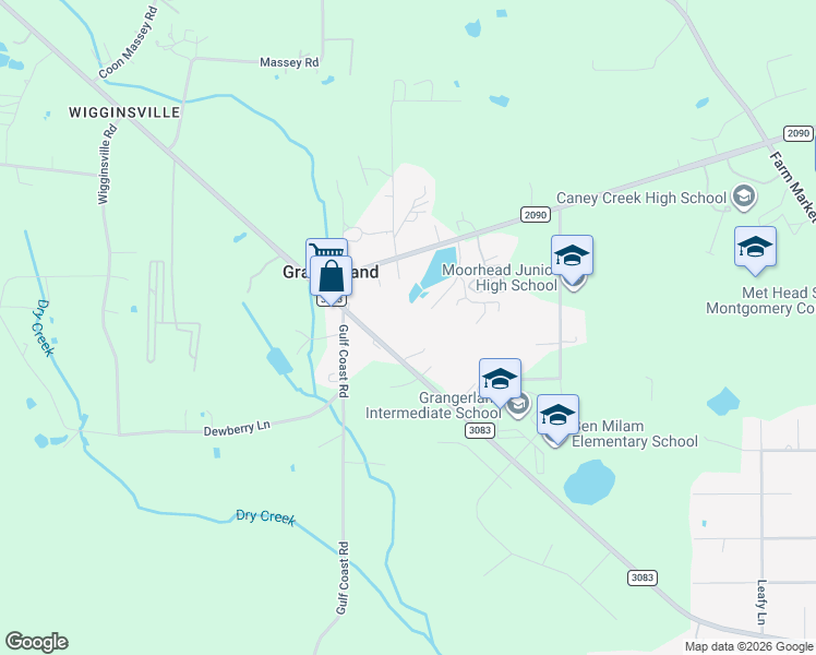 map of restaurants, bars, coffee shops, grocery stores, and more near 16077 Farm to Market Road 3083 in Conroe