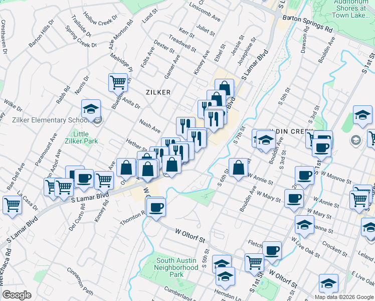 map of restaurants, bars, coffee shops, grocery stores, and more near 1703 South Lamar Boulevard in Austin