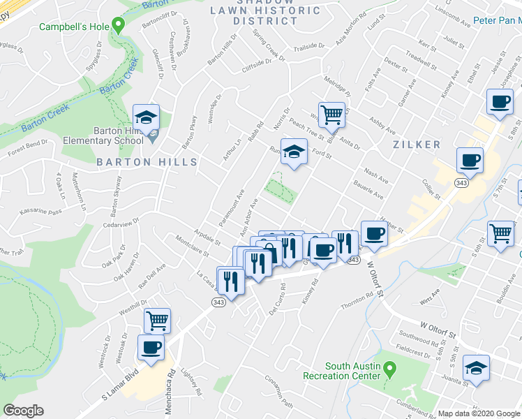 map of restaurants, bars, coffee shops, grocery stores, and more near 2012 Meadowridge Drive in Austin