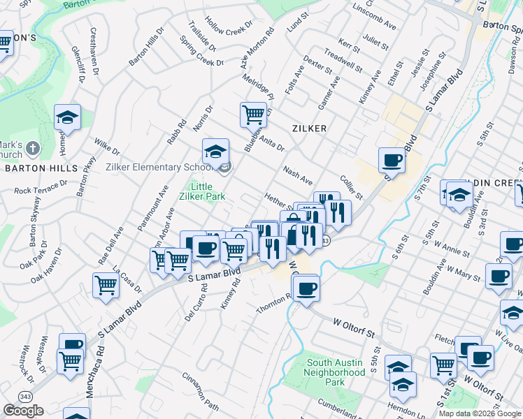 map of restaurants, bars, coffee shops, grocery stores, and more near 1717 Valeria Street in Austin