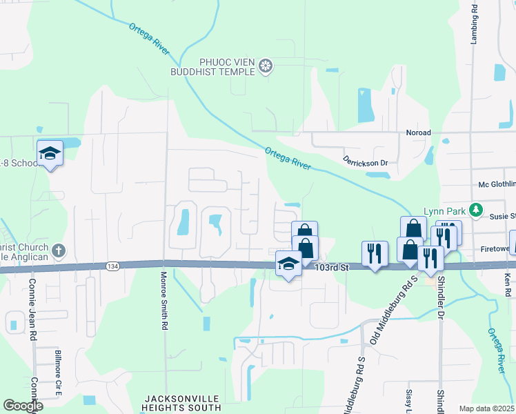 map of restaurants, bars, coffee shops, grocery stores, and more near East Vivian Drive in Jacksonville
