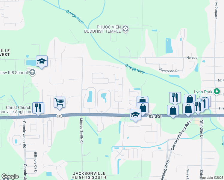 map of restaurants, bars, coffee shops, grocery stores, and more near 9455 103rd Street in Jacksonville