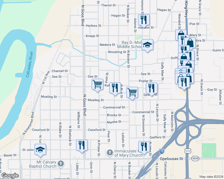 map of restaurants, bars, coffee shops, grocery stores, and more near 2046 Dewey St in Lake Charles