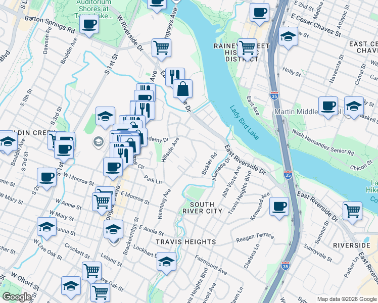 map of restaurants, bars, coffee shops, grocery stores, and more near 1202 Newning Avenue in Austin