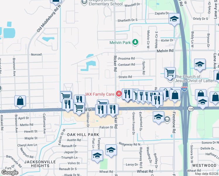map of restaurants, bars, coffee shops, grocery stores, and more near 5127 Indian Lakes Court in Jacksonville