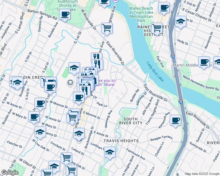 map of restaurants, bars, coffee shops, grocery stores, and more near 1218 Hillside Avenue in Austin
