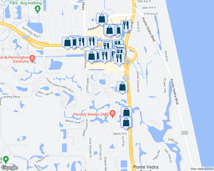 map of restaurants, bars, coffee shops, grocery stores, and more near 300 Calypso Court in Ponte Vedra Beach