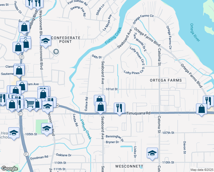 map of restaurants, bars, coffee shops, grocery stores, and more near 5173 Seaboard Avenue in Jacksonville