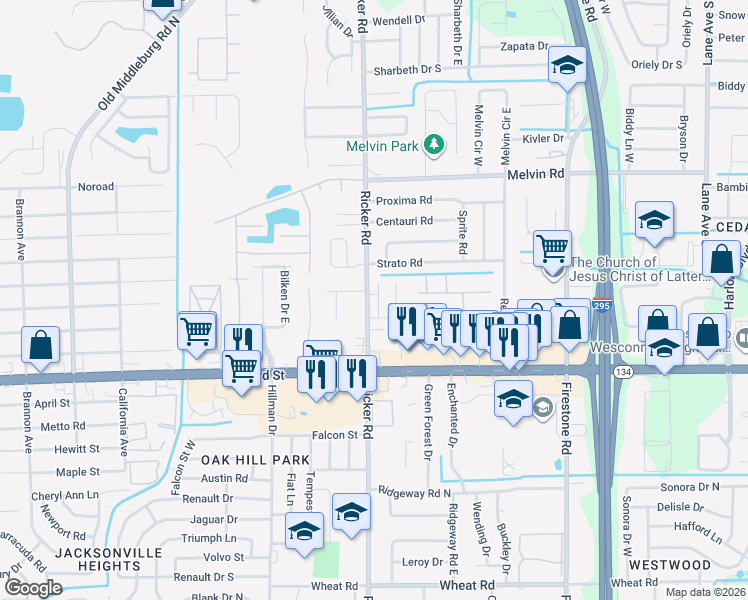 map of restaurants, bars, coffee shops, grocery stores, and more near 5135 Somerton Court in Jacksonville