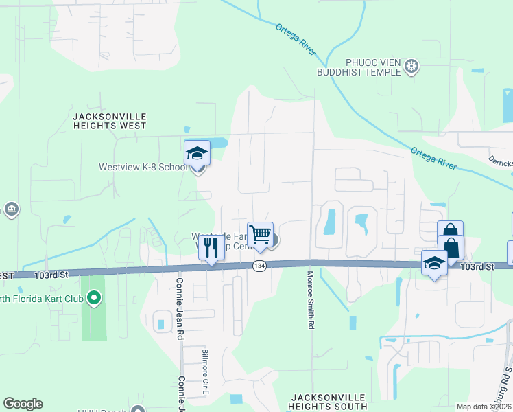 map of restaurants, bars, coffee shops, grocery stores, and more near 9777 103rd Street in Jacksonville