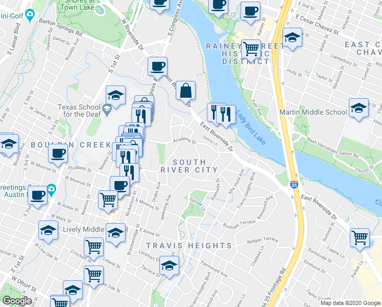 map of restaurants, bars, coffee shops, grocery stores, and more near 1300 Newning Avenue in Austin
