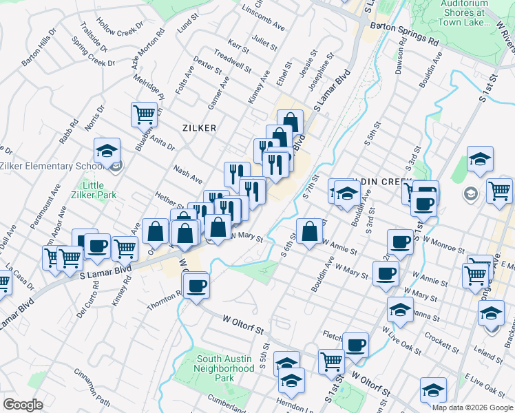 map of restaurants, bars, coffee shops, grocery stores, and more near 1703 South Lamar Boulevard in Austin