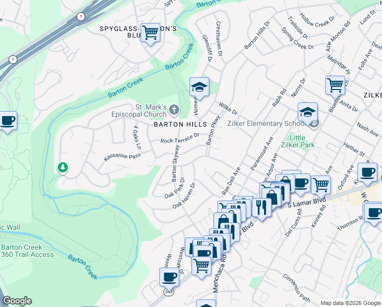 map of restaurants, bars, coffee shops, grocery stores, and more near 2703 Rockingham Drive in Austin