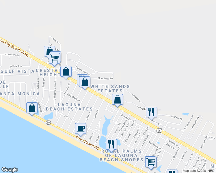 map of restaurants, bars, coffee shops, grocery stores, and more near 619 14th Street in Panama City Beach