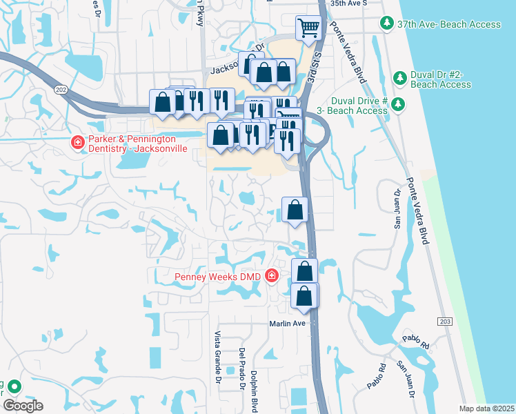 map of restaurants, bars, coffee shops, grocery stores, and more near 300 Calypso Court in Ponte Vedra Beach