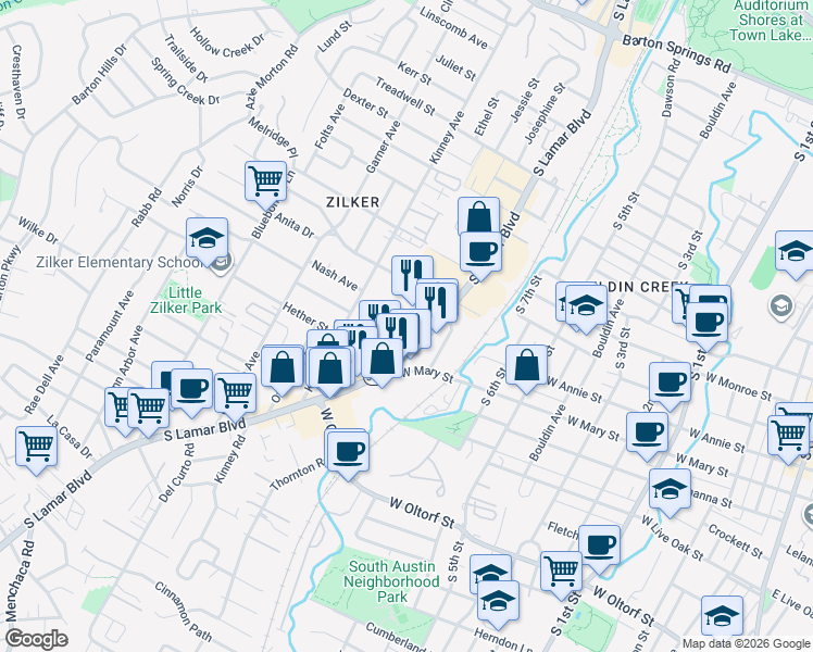 map of restaurants, bars, coffee shops, grocery stores, and more near 1804 Texas 343 Loop in Austin