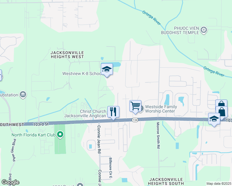 map of restaurants, bars, coffee shops, grocery stores, and more near 5218 Brighton Park Lane in Jacksonville