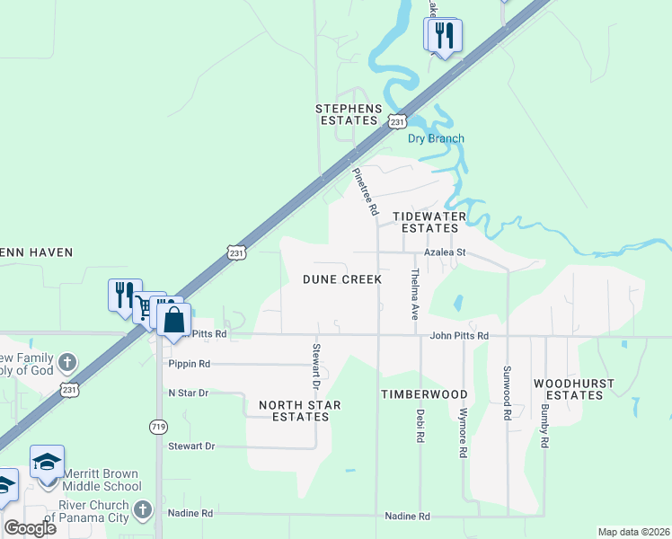 map of restaurants, bars, coffee shops, grocery stores, and more near 5611 Dune Creek Trail in Panama City