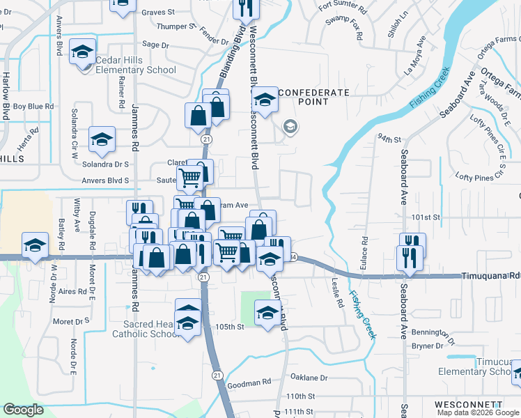 map of restaurants, bars, coffee shops, grocery stores, and more near in Jacksonville