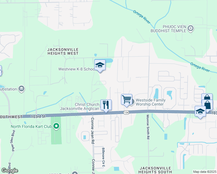 map of restaurants, bars, coffee shops, grocery stores, and more near 5218 Brighton Park Lane in Jacksonville