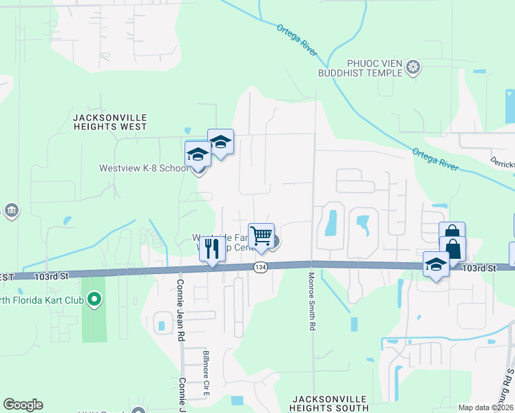 map of restaurants, bars, coffee shops, grocery stores, and more near 9777 103rd Street in Jacksonville