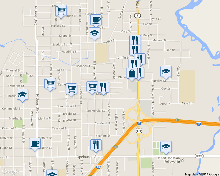 map of restaurants, bars, coffee shops, grocery stores, and more near 1068 North Lincoln Street in Lake Charles
