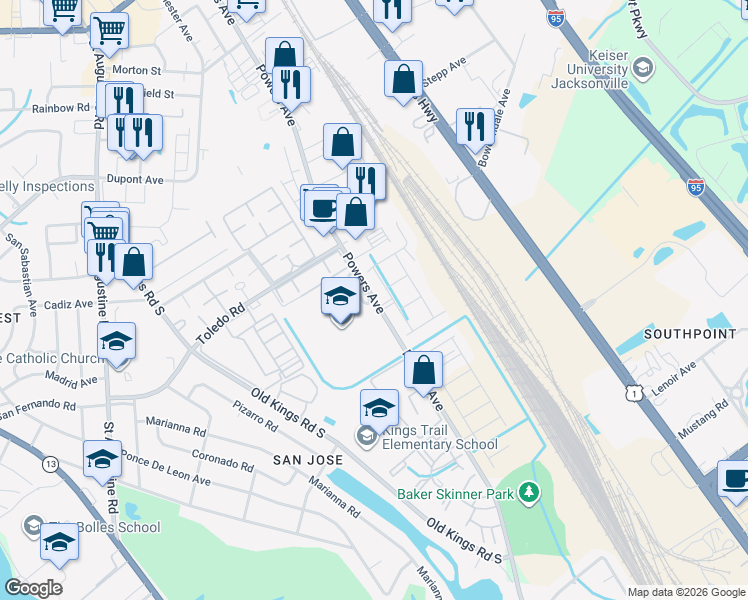 map of restaurants, bars, coffee shops, grocery stores, and more near 6543 Powers Avenue in Jacksonville