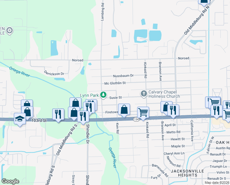 map of restaurants, bars, coffee shops, grocery stores, and more near 8633 Susie Street in Jacksonville