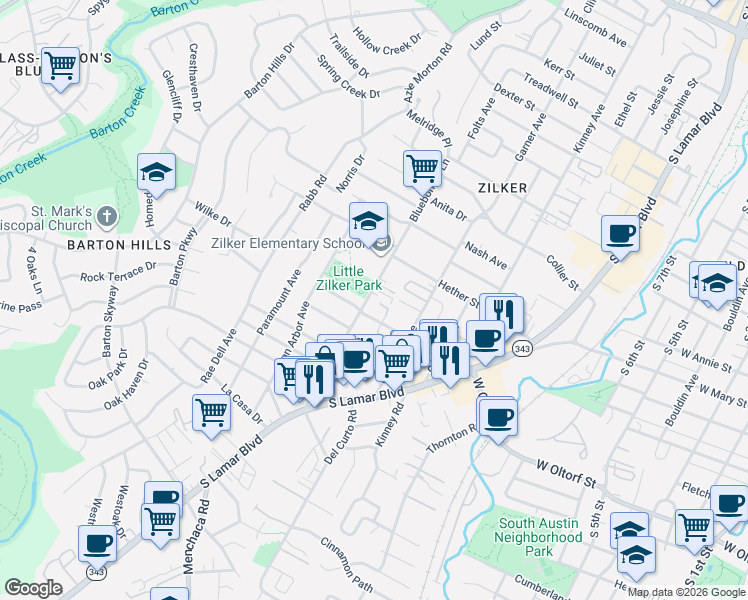 map of restaurants, bars, coffee shops, grocery stores, and more near 2101 Bluebonnet Lane in Austin