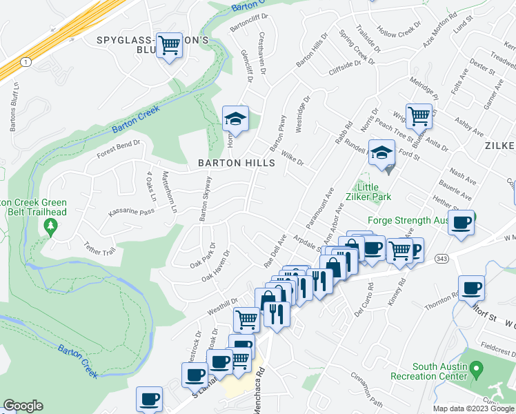 map of restaurants, bars, coffee shops, grocery stores, and more near 2403 Rockingham Circle in Austin