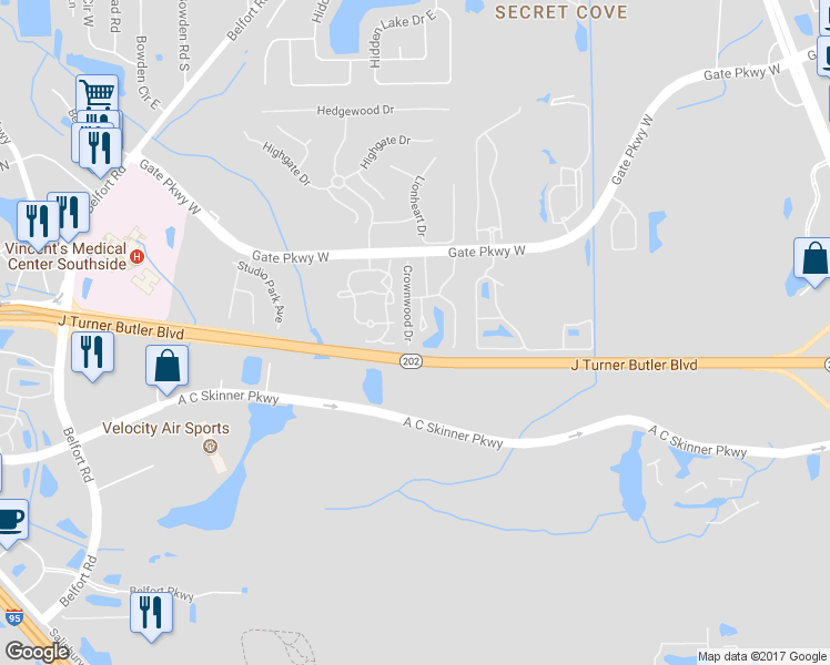 map of restaurants, bars, coffee shops, grocery stores, and more near 4230 Crownwood Drive in Jacksonville
