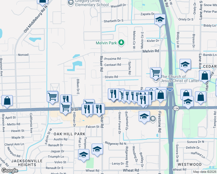 map of restaurants, bars, coffee shops, grocery stores, and more near 5135 Somerton Court in Jacksonville