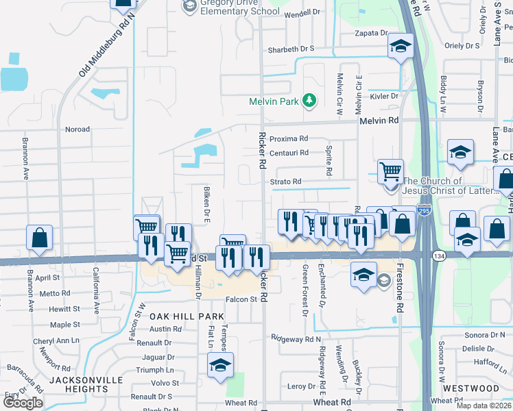 map of restaurants, bars, coffee shops, grocery stores, and more near 5135 Indian Lakes Court in Jacksonville