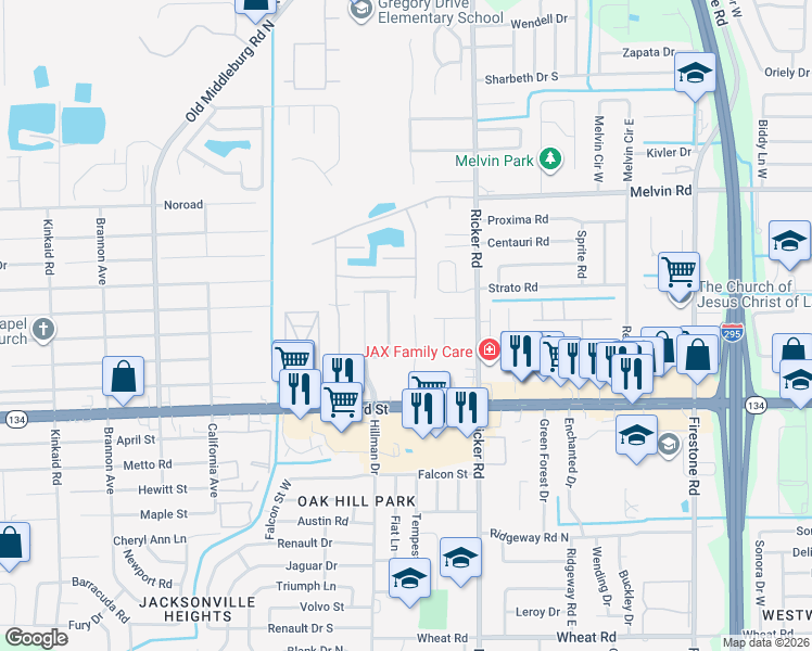 map of restaurants, bars, coffee shops, grocery stores, and more near 5131 Westchase Court in Jacksonville