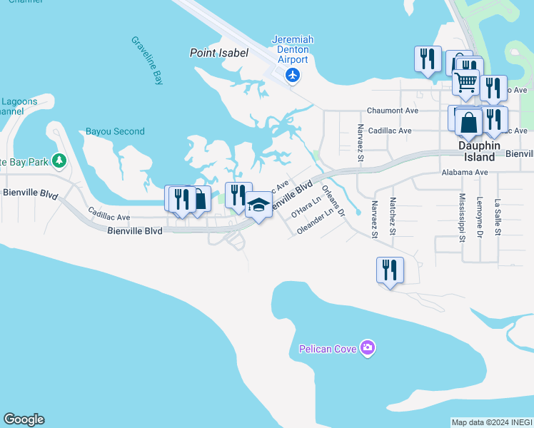 map of restaurants, bars, coffee shops, grocery stores, and more near 173 Pequeno Street in Dauphin Island