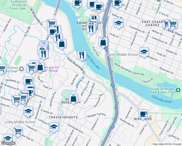 map of restaurants, bars, coffee shops, grocery stores, and more near 806 East Riverside Drive in Austin
