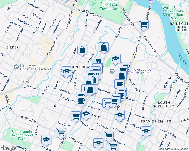 map of restaurants, bars, coffee shops, grocery stores, and more near 1400 South 1st Street in Austin