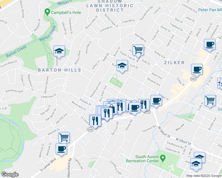 map of restaurants, bars, coffee shops, grocery stores, and more near 2006 Meadowridge Drive in Austin