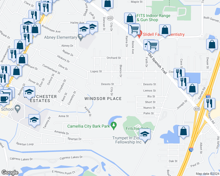 map of restaurants, bars, coffee shops, grocery stores, and more near 3621 City Drive in Slidell